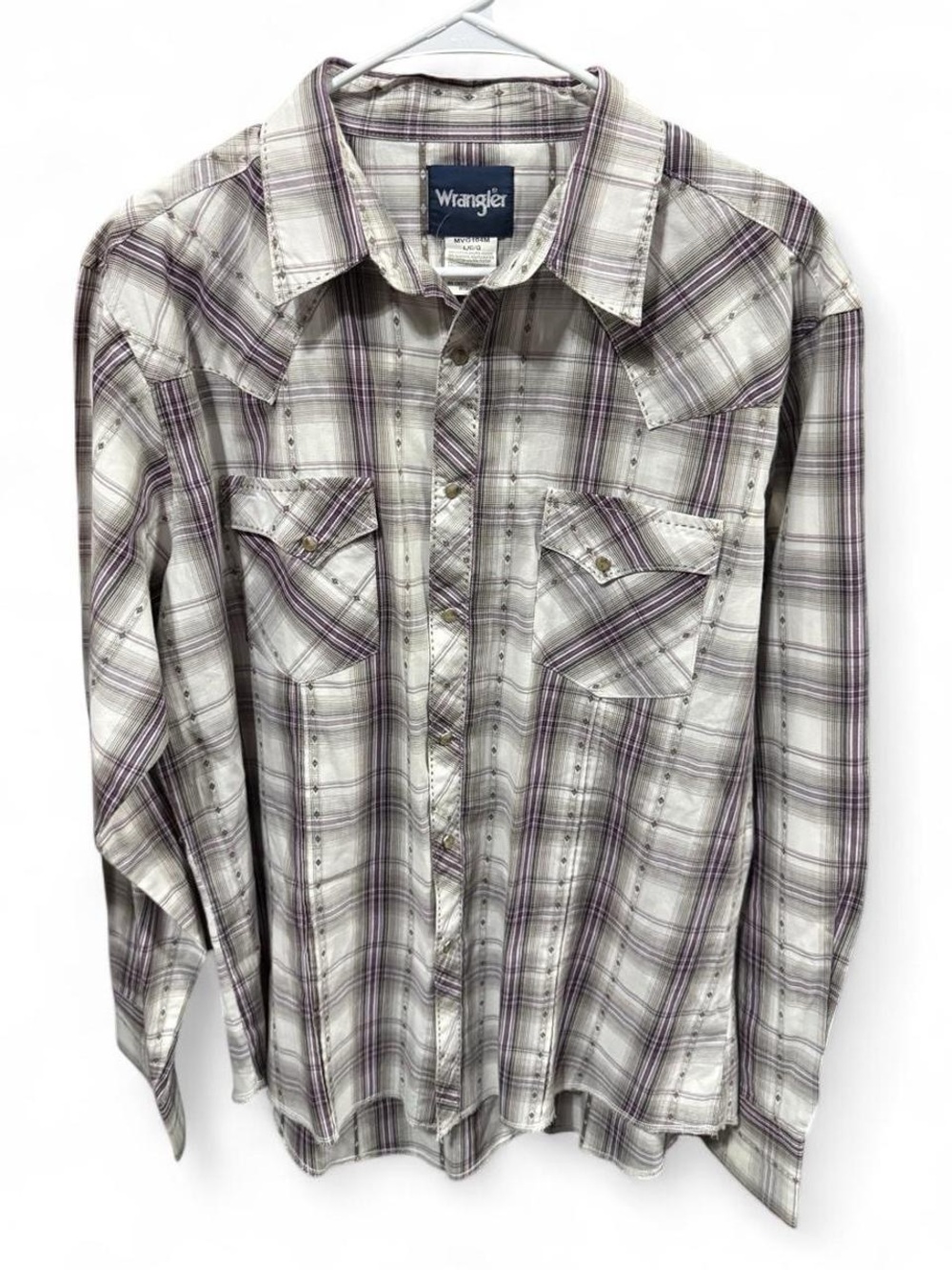 Wrangler Men's Plaid Button-Down Shirt in White and Purple Accents